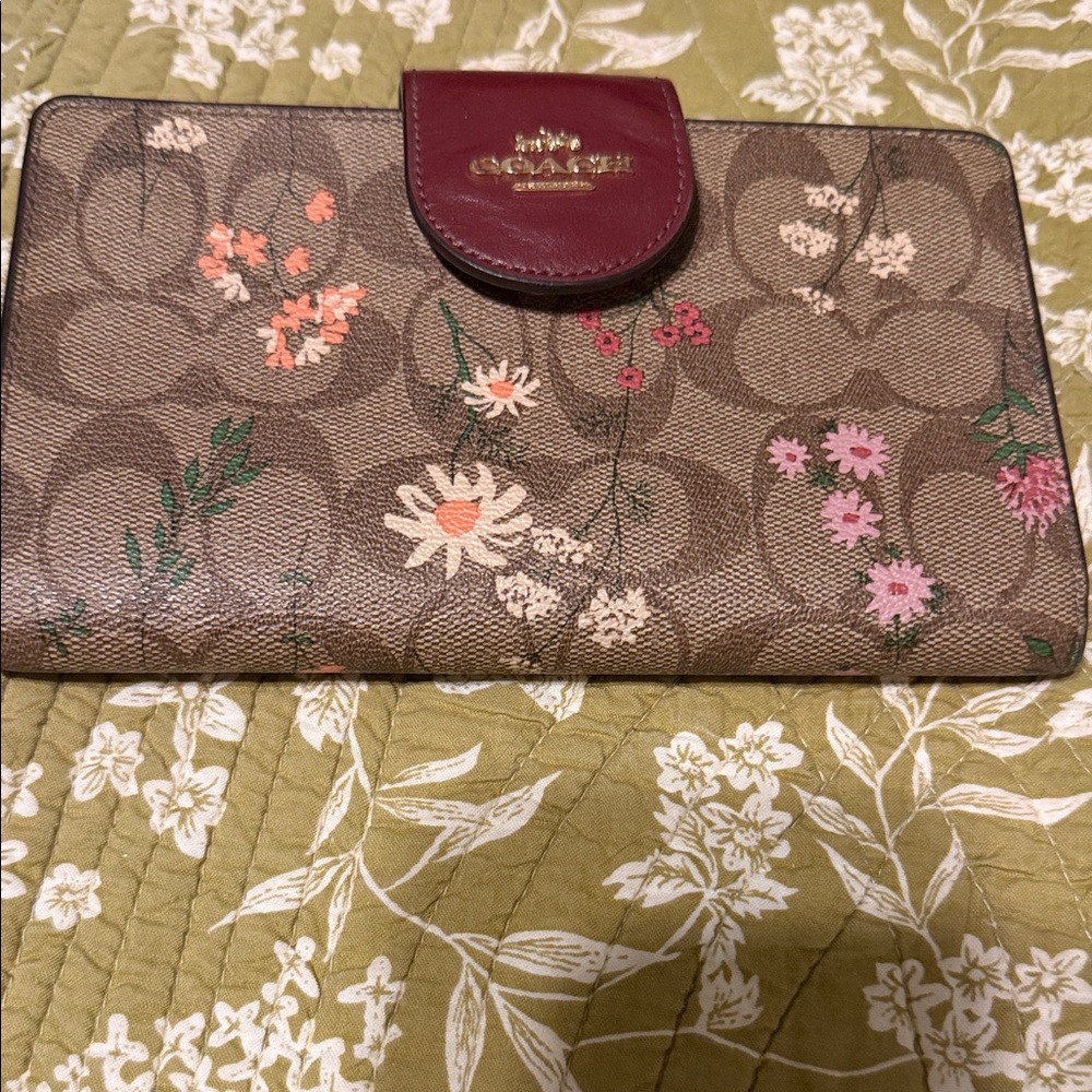 Coach Brown Signature Floral Wallet with Burgundy Trim